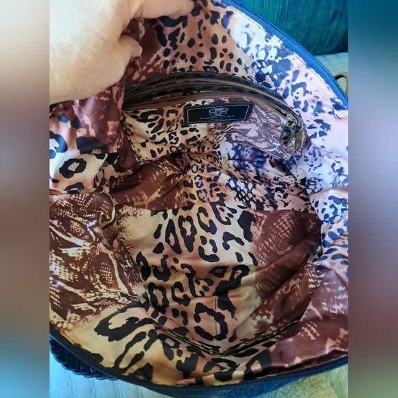 Rare Vintage Sharif Large Embroidered Denim Leather Jaguar Studded Shoulder Bag - Picture 8 of 14